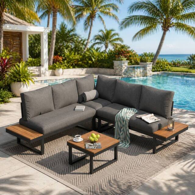 Merax 4 Piece Garden Lounge Set with Reclining Seating & Coffee Table in Grey - image 1
