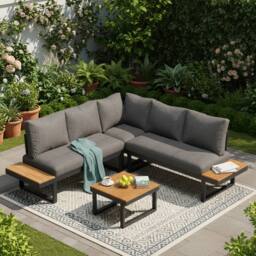 Merax 4 Piece Garden Lounge Set with Reclining Seating & Coffee Table in Grey - thumbnail 3