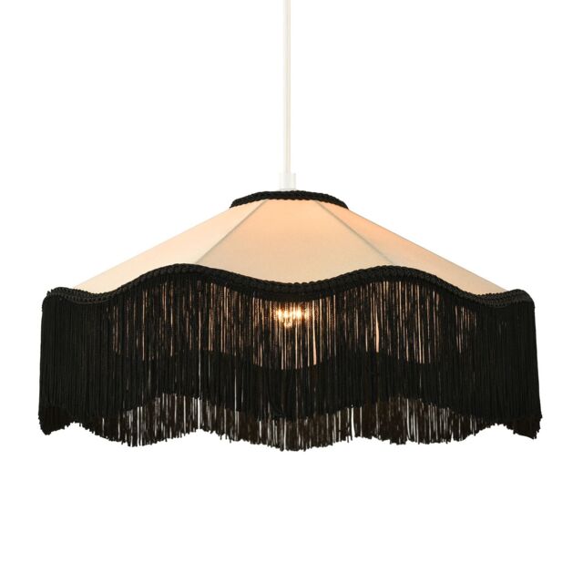 Happy Homewares Chic Victorian Pendant Lamp Shade in Cream Faux Silk with Black Trims - image 1