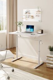 Living and Home Manual Height-Adjustable Standing Office Desk, 100 x 60cm in White - Size: 100 x 60 cm