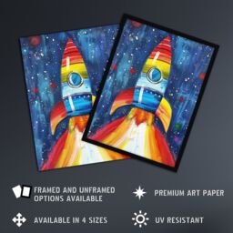 "Artery8 Rainbow Rocket Blast Off-Space Painting Colourful Wall Art Print in Blue - Size: W24"" x H32""" - thumbnail 2