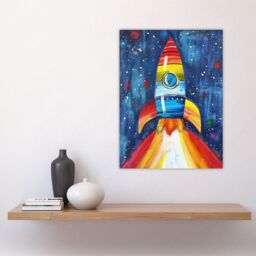"Artery8 Rainbow Rocket Blast Off-Space Painting Colourful Wall Art Print in Blue - Size: W24"" x H32""" - thumbnail 4