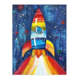 "Artery8 Rainbow Rocket Blast Off-Space Painting Colourful Wall Art Print in Blue - Size: W24"" x H32""" - thumbnail 1