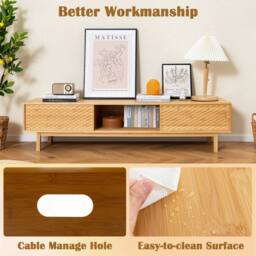 VOGREX 63 Inch Mid Century Bamboo TV Storage Cabinet UK in Beige - thumbnail 4