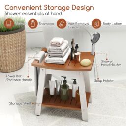 Gymax Shower Bench Seat HIPS Shower Stool With Handle & Shower Head in Brown - thumbnail 8