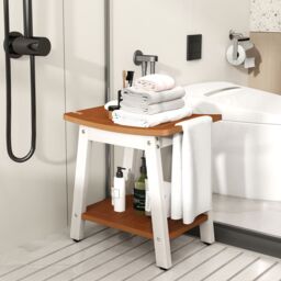 Gymax Shower Bench Seat HIPS Shower Stool With Handle & Shower Head in Brown - thumbnail 9