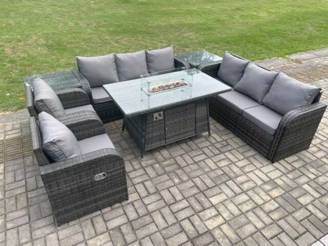 Fimous Patio Rattan Garden Furniture Set with Fire Pit Table, Chair & Side Table 8 Seater Outdoor Indoor Lounge Sofa Set in Dark Grey - image 1