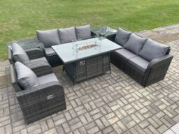 Fimous Patio Rattan Garden Furniture Set with Fire Pit Table, Chair & Side Table 8 Seater Outdoor Indoor Lounge Sofa Set in Dark Grey - thumbnail 3