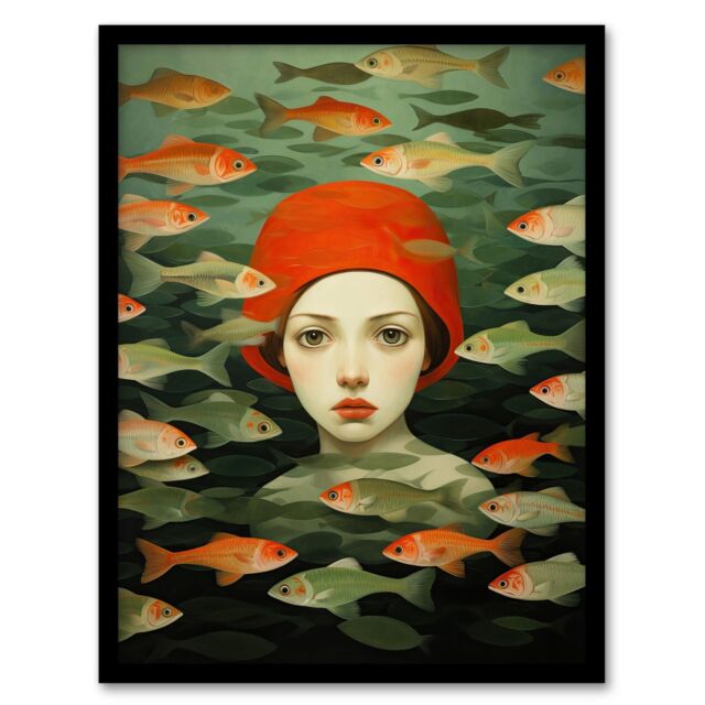 Wee Blue Coo Wall Art Print Gone Fishing Goldfish Red Green Bathroom Living Room Framed - Size: A4 - image 1