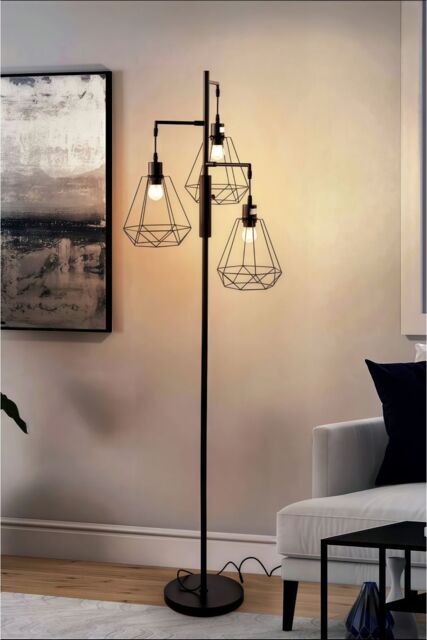 Living and Home Modern Industrial Black 3-Head Floor Lamp with Diamond Cage Shade - image 1