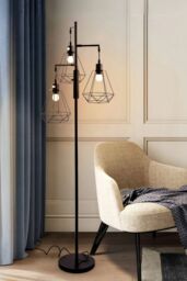 Living and Home Modern Industrial Black 3-Head Floor Lamp with Diamond Cage Shade - thumbnail 3