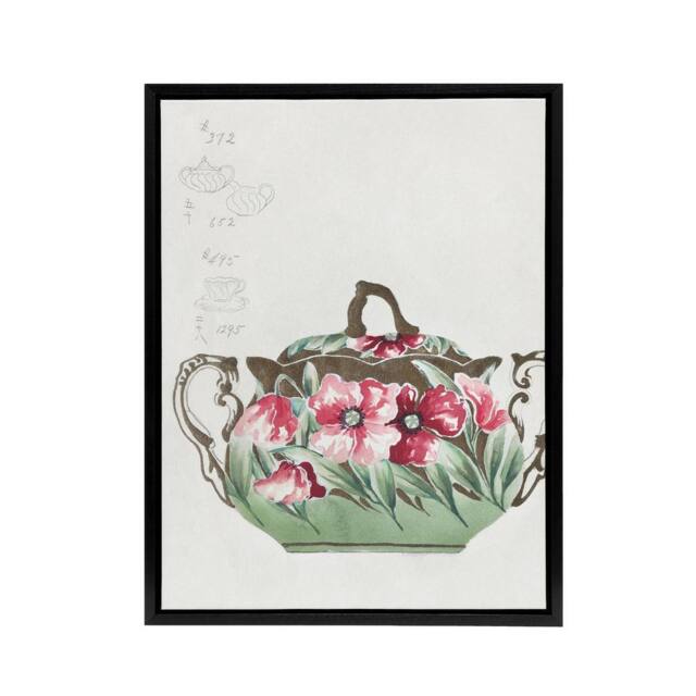 "Artery8 Vintage Sugar Bowl Poppy Design Framed Canvas Wall Art Print Noritake in Green - Size: W12"" x H16""" - image 1