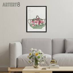 "Artery8 Vintage Sugar Bowl Poppy Design Framed Canvas Wall Art Print Noritake in Green - Size: W12"" x H16""" - thumbnail 3