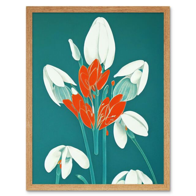 "Artery8 Wall Art Print Abstract Snowdrops Red Flowers on Teal Retro Mid Century Style Art Framed in Light Oak - Size: W12"" x H16""" - image 1