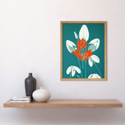 "Artery8 Wall Art Print Abstract Snowdrops Red Flowers on Teal Retro Mid Century Style Art Framed in Light Oak - Size: W12"" x H16""" - thumbnail 2