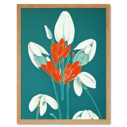 "Artery8 Wall Art Print Abstract Snowdrops Red Flowers on Teal Retro Mid Century Style Art Framed in Light Oak - Size: W12"" x H16""" - thumbnail 1