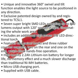 Loops 360Ã‚ ° Swivel Inspection Light - 7 SMD & 3W SMD LED - Rechargeable - Red - thumbnail 2