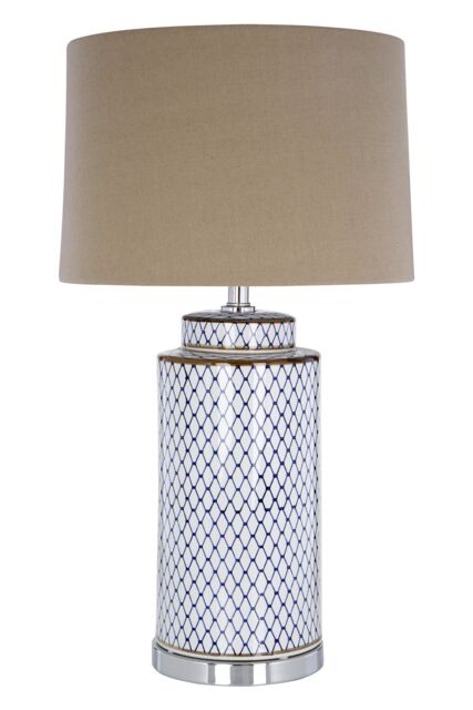 Orsina Blue & White Ceramic Table Lamp, Geometric Diamond Pattern Base With Grey Linen Shade, Boutique Lighting - image 1