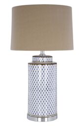 Orsina Blue & White Ceramic Table Lamp, Geometric Diamond Pattern Base With Grey Linen Shade, Boutique Lighting - thumbnail 1