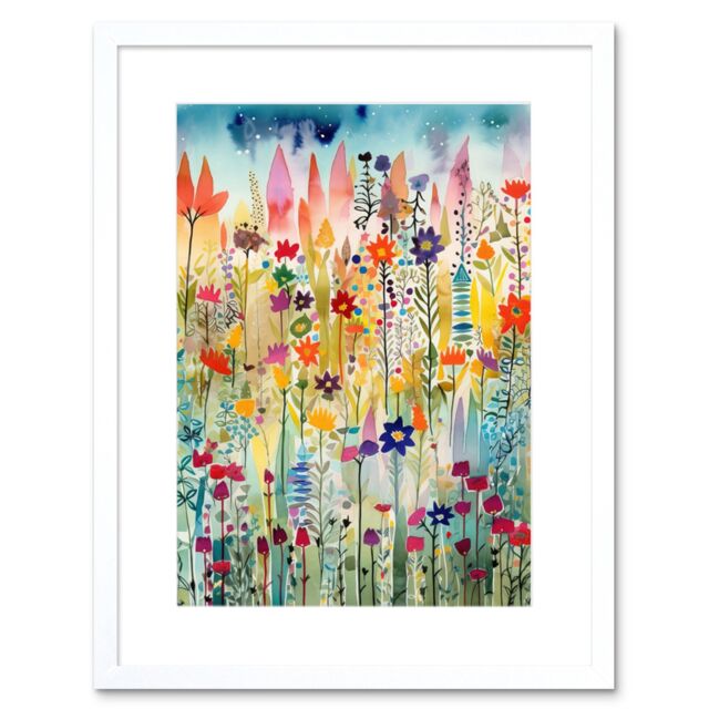 "Artery8 Wall Art Print Layered Spring Flower Field Folk Artwork Framed 9X7 Inch in White - Size: W7"" x H9""" - image 1