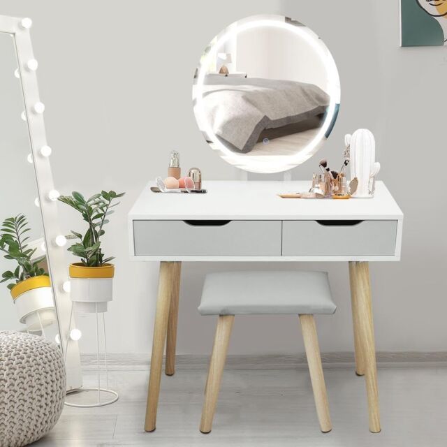 Alivio Women's Hollywood Dressing Table Set with LED Lights & 3 Color Mode Vanity Table with Stool in Grey - image 1