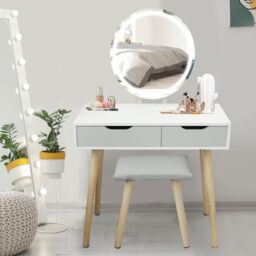 Hollywood Dressing Table Set with LED Lights 3 Color Mode, Vanity Table with Cushioned Stool, Modern Bedroom Makeup Table, Make-up Table 81 x 41 x 127cm