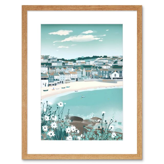 "Artery8 Wall Art Print St Ives Bay Daisies Soft Pastel Coastal Cityscape Artwork Framed 9X7 Inch in Beige - Size: W7"" x H9""" - image 1