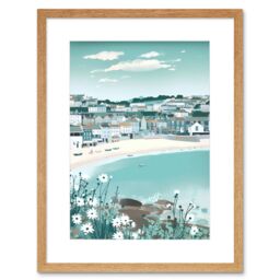 "Artery8 Wall Art Print St Ives Bay Daisies Soft Pastel Coastal Cityscape Artwork Framed 9X7 Inch in Beige - Size: W7"" x H9""" - thumbnail 1