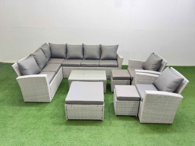 Fimous 11 Seater Garden Outdoor PE Rattan Furniture Set with 3 Stools in Light Grey - image 1