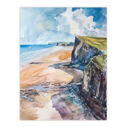 "Artery8 Rhossili Bay Coastal Cliff Landscape Watercolour Wall Art Print in Blue - Size: W24"" x H32""" - thumbnail 1