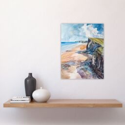 "Artery8 Rhossili Bay Coastal Cliff Landscape Watercolour Wall Art Print in Blue - Size: W24"" x H32""" - thumbnail 4