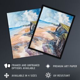 "Artery8 Rhossili Bay Coastal Cliff Landscape Watercolour Wall Art Print in Blue - Size: W24"" x H32""" - thumbnail 2