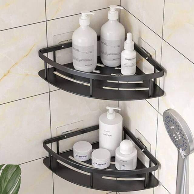 Kelvenix 2 Tier No Drilling Bathroom Wall Corner Shelf Rack in Black - image 1