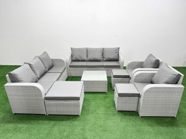 Fimous PE Rattan High Back Lounge Sofa Set Patio Square Coffee Table & Chairs Set with 3 Seater Sofa Reclining Chair 3 Stools Light Grey - image 1
