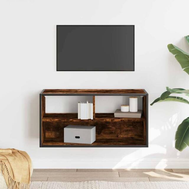 Berkfield Home TV Cabinet Smoked Oak 80x31x39.5 cm Engineered Wood & Metal in Brown - image 1