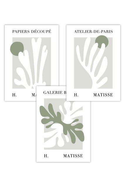 ARTZE Set of 3 Matisse Floral Cut Out Style in Green & Beige Art Posters in Light Green - Size: W42 cm x H59 cm - image 1