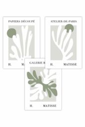 ARTZE Set of 3 Matisse Floral Cut Out Style in Green & Beige Art Posters in Light Green - Size: W42 cm x H59 cm - thumbnail 1