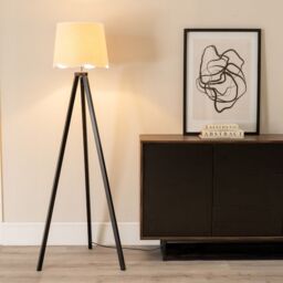 ValueLights Barbro Black Wood Tripod Floor Lamp with Linen Scallop Edge Shade & LED Bulb in White - thumbnail 1