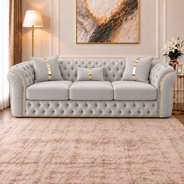 Stratus Interiors Ambassador Velvet Chesterfield Sofa- Gold Trim - No Frill - 3 Seater in Silver - image 1