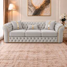 Stratus Interiors Ambassador Velvet Chesterfield Sofa- Gold Trim - No Frill - 3 Seater in Silver - thumbnail 1