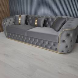 Stratus Interiors Ambassador Sofa Chesterfield Toronto Gold Trim Velvet No Frill Design in Mid Grey - thumbnail 1
