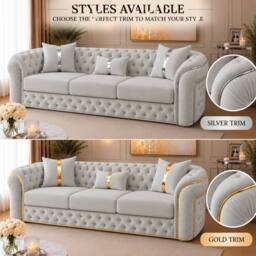 Stratus Interiors Ambassador Velvet Chesterfield Sofa- Gold Trim - No Frill - 3 Seater in Silver - thumbnail 2