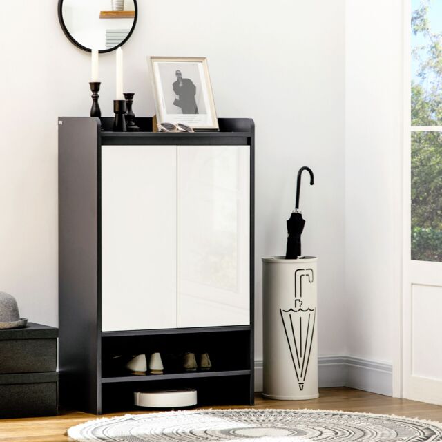 HOMCOM Modern Storage Cabinet with High Gloss White Doors for 15 Pairs of Shoes in Grey