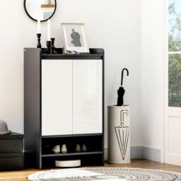 HOMCOM Modern Storage Cabinet with High Gloss White Doors for 15 Pairs of Shoes in Grey - thumbnail 1