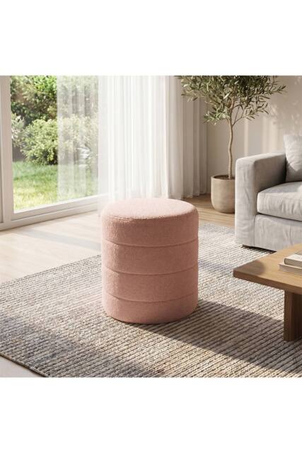 Living and Home Round Teddy Fleece Upholstered Footstool in Pink - image 1