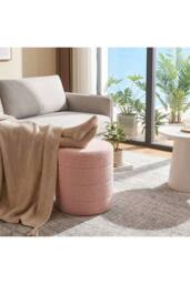 Living and Home Round Teddy Fleece Upholstered Footstool in Pink - thumbnail 2