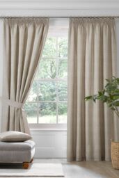 Dreams & Drapes 'Pembrey' Textured Pair of Pencil Pleat Curtains With Tie-Backs in Natural - Size: 117 cm width x 137 cm drop - thumbnail 1