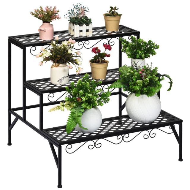 Costway 3 Tier Steel Plant Stand Ladder Flower Pot Storage Rack Plant Display Organizer in Black - image 1