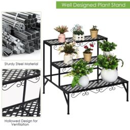 Costway 3 Tier Steel Plant Stand Ladder Flower Pot Storage Rack Plant Display Organizer in Black - thumbnail 4