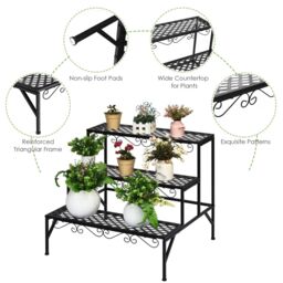 Costway 3 Tier Steel Plant Stand Ladder Flower Pot Storage Rack Plant Display Organizer in Black - thumbnail 5